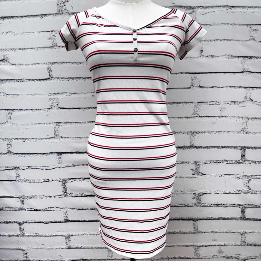 Popular 21 Womens Striped Ribbed Henley Bodycon‎ Mini Dress White Red Black L